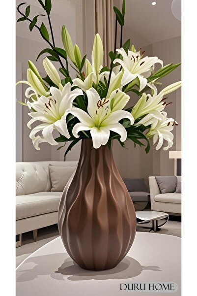 Lui Tasarım İskandinav Bohem Tarzı Modern Dalga Desen Seramik Kahverengi Vazo 21 cm