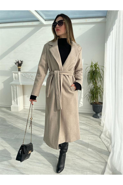 met home معطف طويل مبطن بحزام بيج للنساء طراز W1-84384