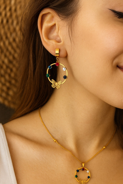 Pinkimaj Kelebekli Taşlı Kolye Küpe Seti Çelik Gold Renkli Daire Model