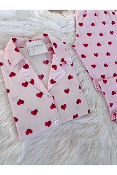 Pijamacs Rózsaszín szív mintás velúr inggallér hosszú ujjú pizsama szett