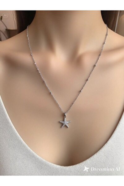 Bizle Tasarla Zirkon Taşlı Deniz Yıldızı Çelik Kolye, Boncuklu Zincir