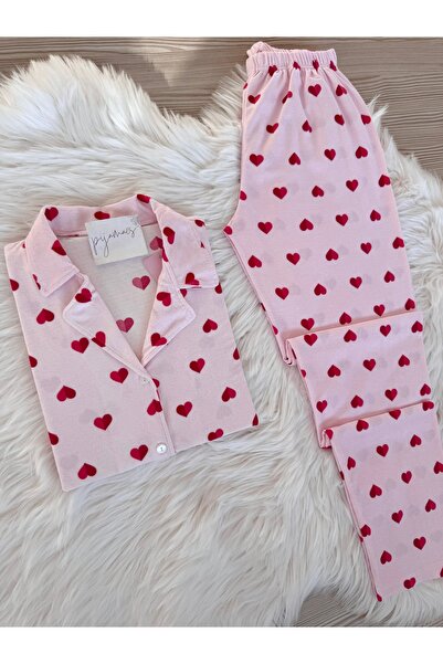Pijamacs Rózsaszín szív mintás velúr inggallér hosszú ujjú pizsama szett