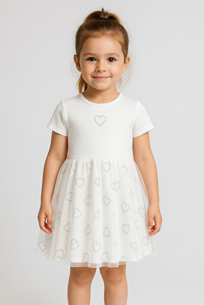 Nimini Kids Rochie pentru fetiță cu tutu cu nervuri cu model de inimă arginti...