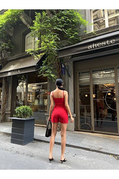 rengamoda Women's Red, Strappy Double Breasted Collar Shorts Jumpsuit