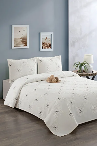 CANDAN ÇEYİZ Papatya Ecru Gray Embroidered Double Pique Coverlet 3 Piece Bedspread