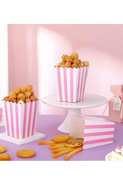 Deniz Party Store Pembe Beyaz Çizgili Karton Popcorn Mısır Cips Kutusu 8 Adet