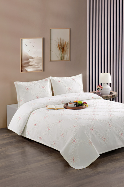 CANDAN ÇEYİZ Papatya Ecru Powder Embroidered Double Pique Coverlet 3 Piece Bedspread