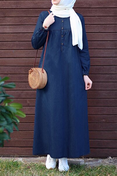 InStyle Džínové šaty s róbou a klopou - modrá