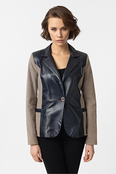 Deriderim İndigo Jane Blazer Kumaş Garnili Kadın Hakiki Deri Ceket