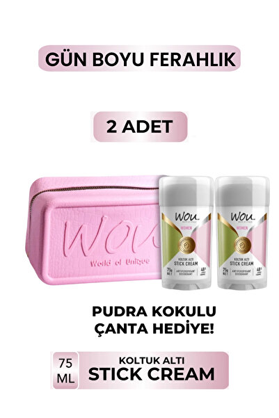 WOU World of Unique 2'li Women Stick Krem Koltuk Altı Terleme Önleyici 48 Saat Etkin Koruma/pudra Kokulu Makyaj Çantası