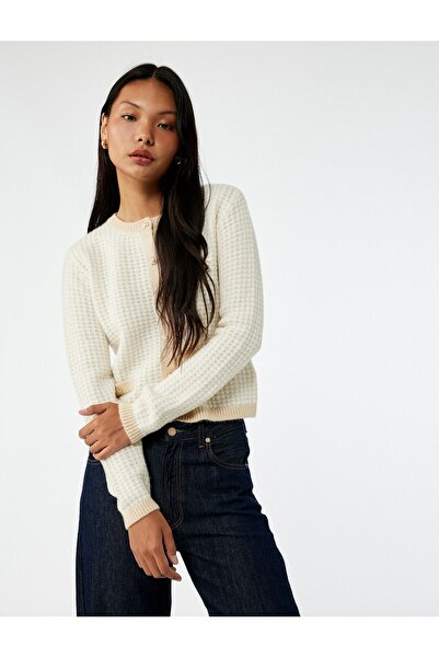 Koton Buttoned Pocket Detailed Minimal Patterned Long Sleeve Crew Neck Knitwear Cardigan