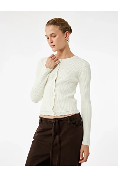 Koton Long Sleeve Viscose Blended Textured Button Crew Neck Knitwear Cardigan