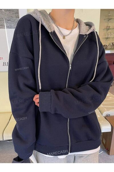 MARECASH Unisex Lacivert Gri Kapüşonlu Oversize Hırka Zip 2 Iplik Orta Kalınlık