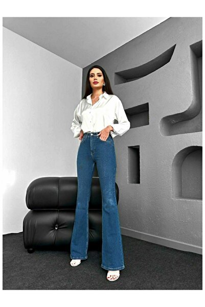 Ramrod Olivier Orta Mavi Ispanyol Paça Kot Pantolon Yüksek Bel Ispanyol Jeans Toparlayıcı( Extra Rahat) Drv