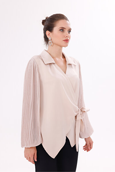 happinice Μπλούζα με μανίκια από σιφόν σατέν διπλό πέτο με κορδόνια