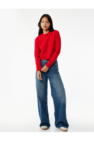 Koton Long Sleeve Crew Neck Sweater with Hair Braid Detail