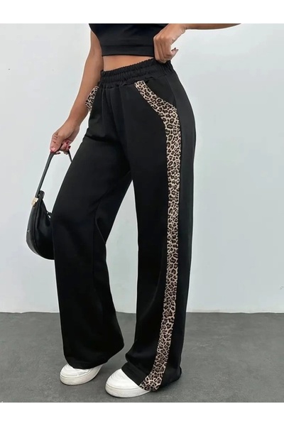 Silerra Women's High Waist Lace up Side Leopard Patterned Viscose Two Thread Trousers