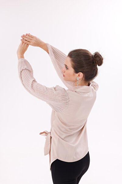 happinice Μπλούζα με μανίκια από σιφόν σατέν διπλό πέτο με κορδόνια