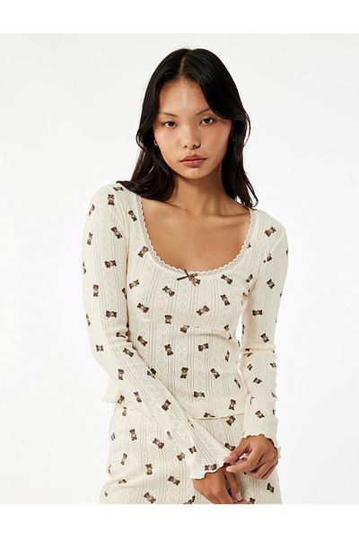 Koton Cotton Long Sleeve U Neck Teddy Bear Printed Crop Pajama Top