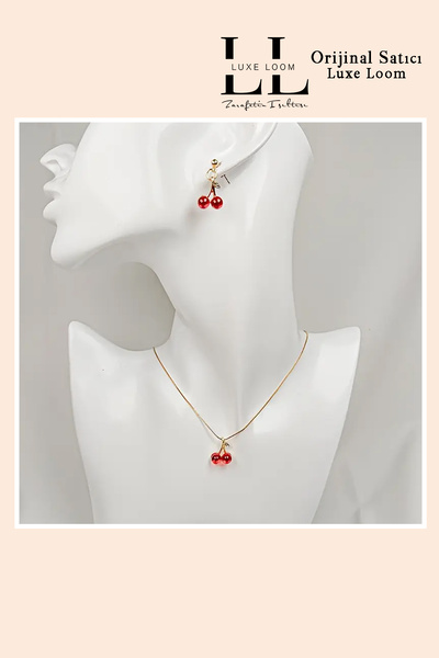 Luxe Loom Zarafetin Işıltısı Kadın Zirkon Taşlı Şık Kiraz Kolye Küpe Seti 001