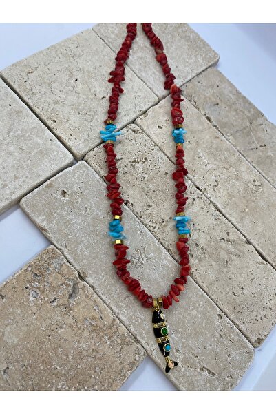 Byoz store Natural Stone Coral Red and Turquoise Matching Lucky Fish Pendant ...