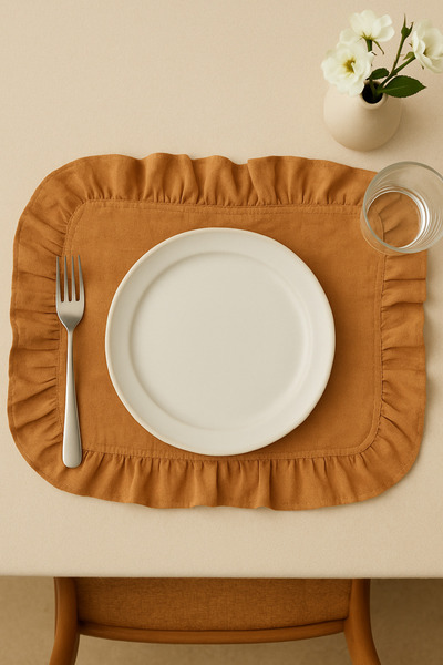 Kitchen Damys 2 Adet Kiremit Rengi Fırfırlı Keten Dikdörtgen Amerikan Servis Supla Bohem Rustik Çeyizlik