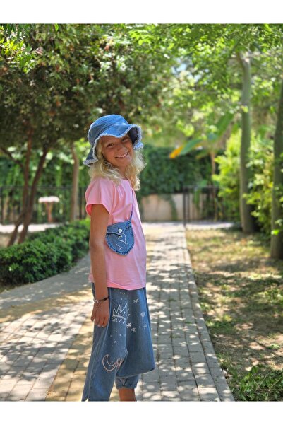 Hilal Akıncı Kids Tricou de culoare solidă pentru fete, blugi cu buzunar, geantă largi, pălărie, set de 4