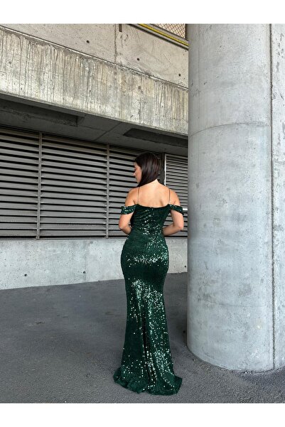 SELİN MODA EVİ Trend Band Kol Kadife Balık Elbise Zümrüt 583198