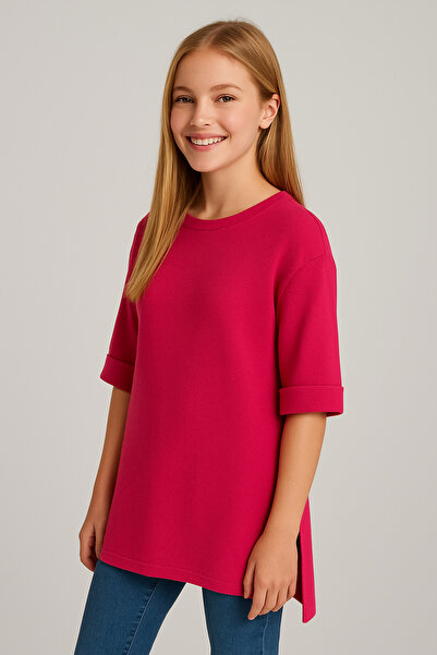 ribana Kadın Oversize kalıp Bürümcük Kumaş Duble Kol Yandan Yırtmaçlı T-shirt...