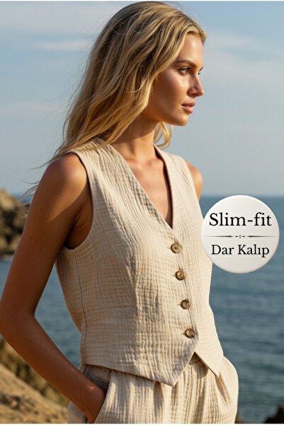 Combattente Organik Müslin Yelek - 2 Kat Müslin Naturel Doğal - Naturel Doğal-oeko Tex Sertifikalı Kumaş