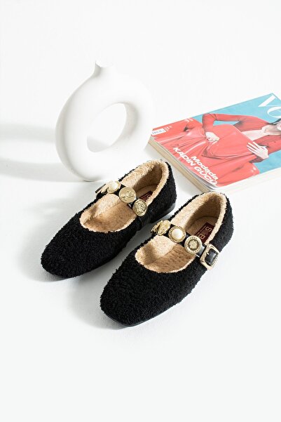 Slipcat Women's Plush Buckle Detail Flat Sole Home Ballerinas