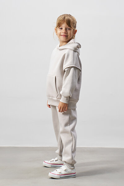 Minipodyum Sewn Detailed Hooded Girl's Bottom Top Tracksuit Set
