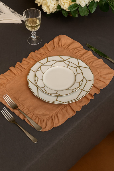 Kitchen Damys 2 Adet Kiremit Rengi Fırfırlı Keten Dikdörtgen Amerikan Servis Supla Bohem Rustik Çeyizlik