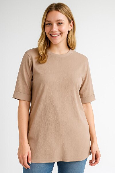 ribana Kadın Oversize kalıp Bürümcük Kumaş Duble Kol Yandan Yırtmaçlı T-shirt...