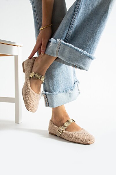 Slipcat Women's Plush Buckle Detail Flat Sole Home Ballerinas