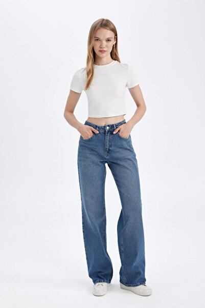 DeFacto Rovný široký vysoký pas dlouhé džíny vyprané kalhoty D8152Ax24Wn