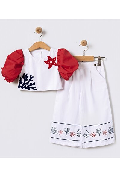 Bebüş Дівчачий комплект з блузою з рукавами в морському стилі та білими штанами з вишивкою 15614