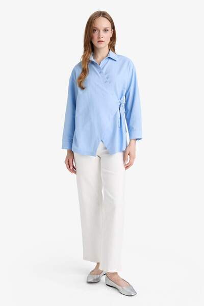 DeFacto Regular Fit Shirt Collar Front Tie Poplin Long Sleeve Shirt Tunic F8347Ax25Au