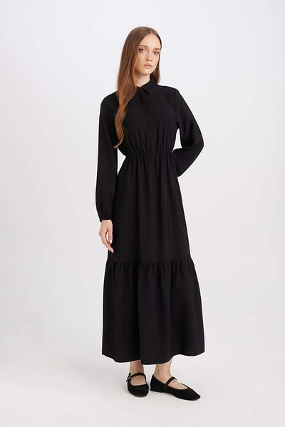 DeFacto Langärmliges Maxikleid mit Hemdkragen – gerader Knopf und Kordelzug an der Taille D5851AX25SP