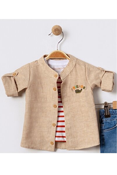 Bebüş Хлопчачий літній комплект з 3 предметів: сорочка з льону в смужку, футболка та джинси 15862