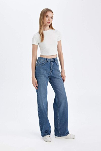 DeFacto Rovný široký vysoký pas dlouhé džíny vyprané kalhoty D8152Ax24Wn