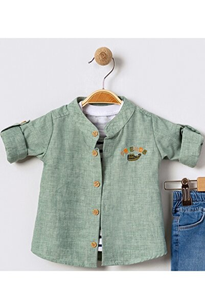 Bebüş Хлопчачий літній комплект з 3 предметів: сорочка з льону в смужку, футболка та джинси 15862