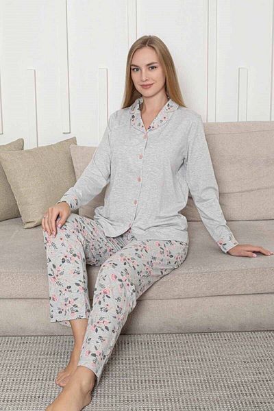 bie's Women's Beige Heart Seasonal Button Front Shirt Collar Lycra Viscose Long Sleeve Pocketed Pajama Set