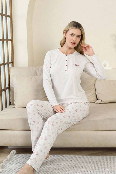 ALİMER Women's Gray Heart Patterned Buttoned Lycra Viscose Long Sleeve Pajama Set with Pockets