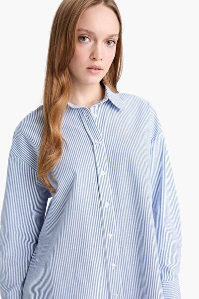 DeFacto Relax Fit Çizgili Oxford Basic Düz Uzun Kollu Gömlek Tunik D4772AX24AU
