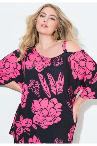 Şans Women's Plus Size Black, Fujya Floral Patterned One Shoulder Strap Blouse 65N39095