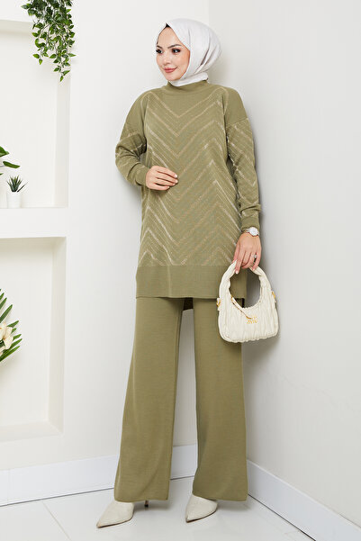 MODAQU Glittery Knitwear Tunic Trousers Set - Khaki