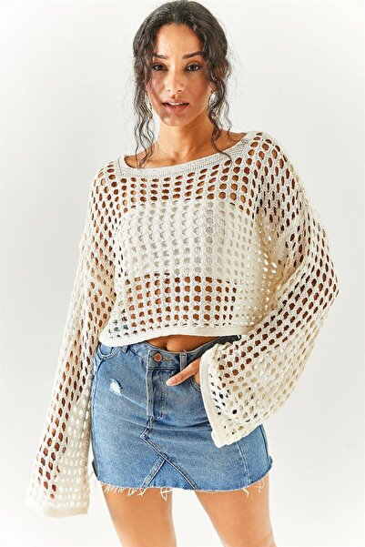 FAA BUTİK Kadın Krem Geniş Kalıp Pamuklu Ajurlu Hırka Crop İspanyol Kol Delikli Triko Kazak