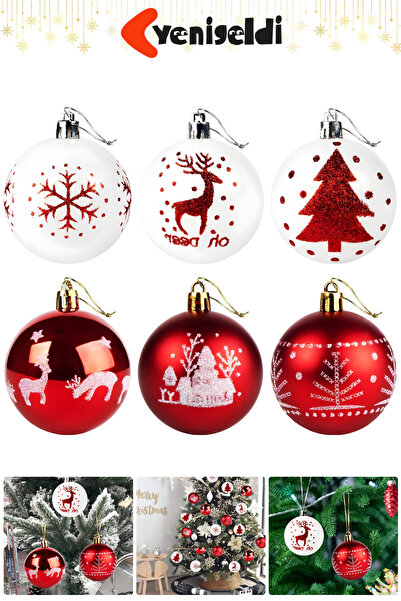 Yenigeldi 6 Adet 6 cm Kırmızı Beyaz Yılbaşı Ağacı Süs Topu Seti -Geyik Kar Tanesi Çam Desenli Dayanıklı Süsü