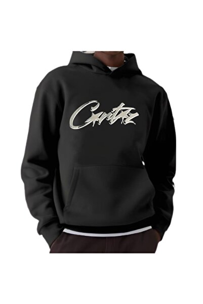 Elvino Hanorac negru cu glugă supradimensionată unisex pentru femei/bărbați cu imprimeu Crtz